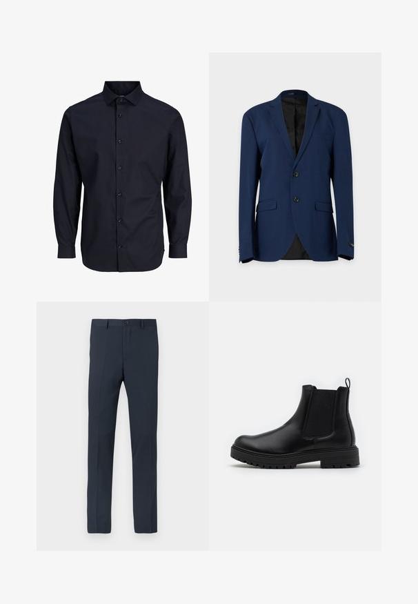 Blazer bleu marine pour homme avec deux boutons, revers crantés, deux poches avant à rabat et une poche poitrine passepoilée, présenté sur un fond uni.; Chemise bleu marine à boutons, à manches longues, avec col standard, patte de boutonnage à l'avant, texture lisse et poignets à un bouton.; Pantalon bleu marine en tissu lisse, avec une coupe slim, des passants de ceinture, une fermeture à bouton sur le devant et deux poches latérales.; Zign by Zalando LEATHER - Bottines - black