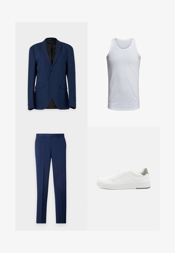 Blazer azul marino para hombre con dos botones, solapas con muesca, dos bolsillos delanteros con solapa y un bolsillo con ojal en el pecho, exhibido sobre un fondo liso.; Top de tirantes de algodón blanco con cuello redondo, tirantes anchos y un logo minimalista impreso dentro del cuello. Textura suave, ajuste casual.; Pantalones formales ajustados color marino, con un diseño de frente plano y textura suave. Incluyen un cierre de botón único y trabillas para el cinturón.; Zapatilla blanca con material de cuero liso, punta redonda, diseño minimalista, acento gris en el talón y suela de goma texturizada.