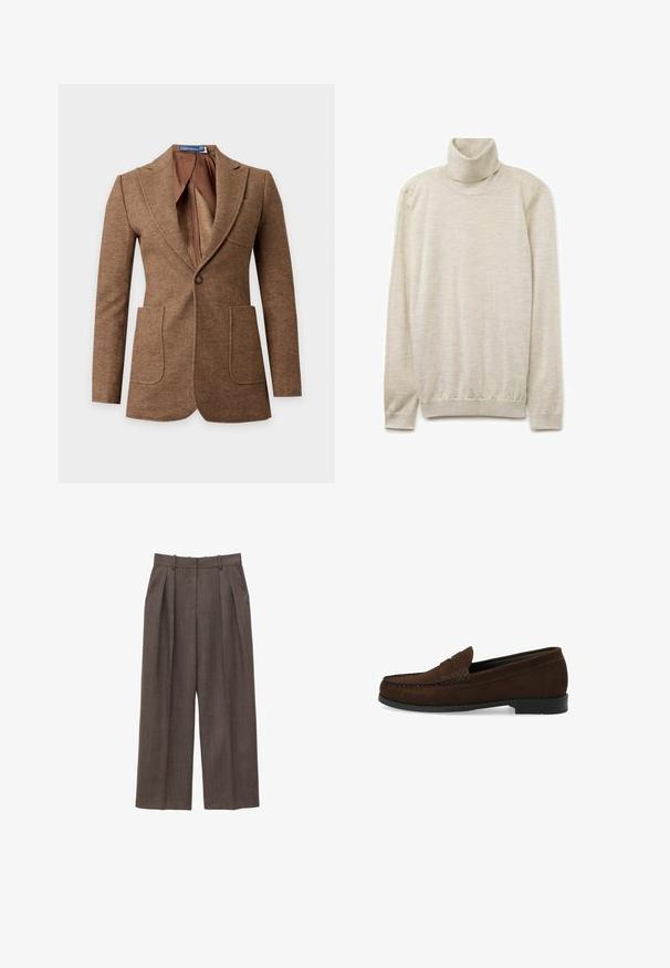 Brun uld blazer med sildebensmønster, med notch revers, to forlommer med lapper, lukning med en knap og en glat brun foring indvendigt.; Beige turtleneck sweater i blødt stof, med høj krave, lange ærmer og ribbet kant. Glat tekstur med subtile variationer.; Brune, højtsiddende bukser med vide ben, bæltestropper, læg foran og sidelommer, vist på en hvid baggrund.; Brune ruskinds loafers med en syet mokkasintå, flad sort gummisål og en dekorativ toprem og detalje.
