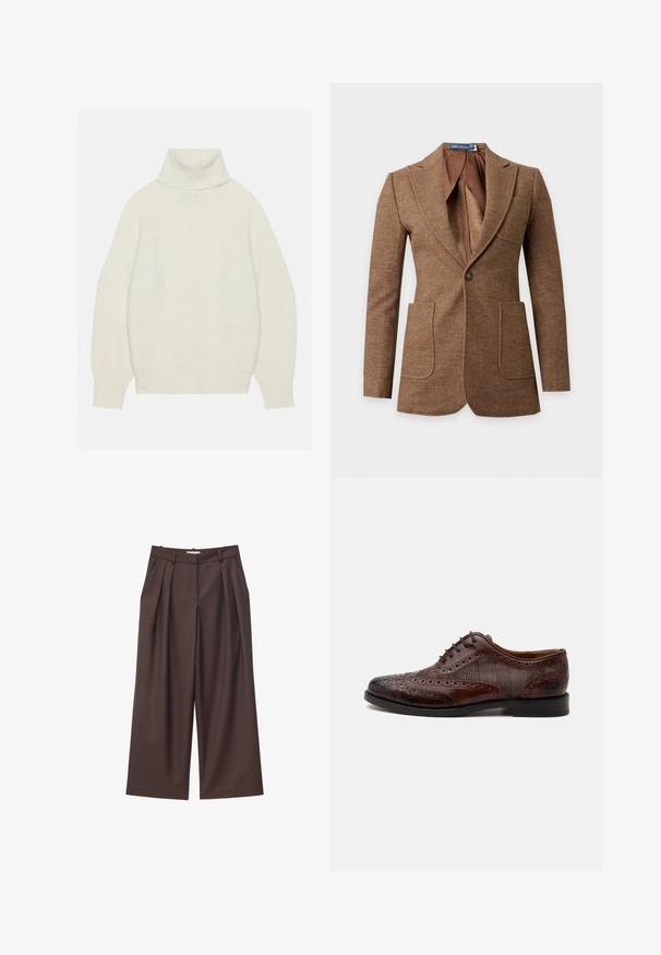 Blazer en laine marron à motif chevrons, col cranté, deux poches plaquées devant, fermeture par un bouton et une doublure intérieure marron lisse.; Pull à col roulé en crème, confectionné en maille douce. Il présente une coupe décontractée, des manches raglan et des poignets et ourlet côtelés.; Pantalon marron taille haute à jambes larges avec plis sur le devant, passants pour ceinture et fermeture éclair dissimulée à l'avant.; Chaussure habillée homme à bout golf en cuir marron avec détails brogue et panneaux latéraux en tissu à carreaux, vue de côté sur fond blanc.