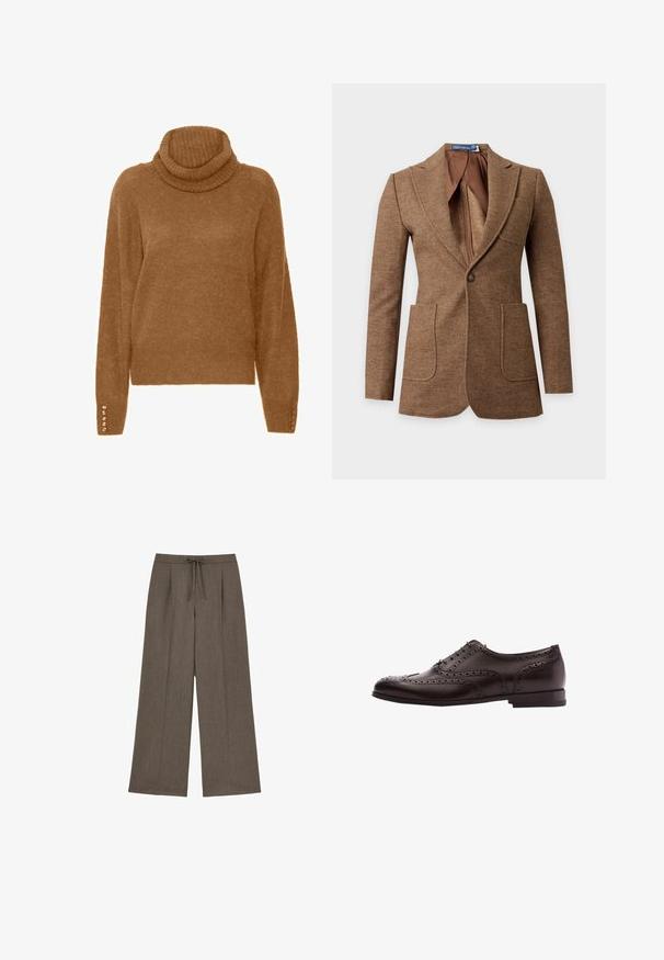 Brun uld blazer med sildebensmønster, med notch revers, to forlommer med lapper, lukning med en knap og en glat brun foring indvendigt.; Brun turtleneck trøje med en blød, struktureret overflade og lange ærmer. Har perle-lignende detaljer på manchetterne.; Brune bukser med vide ben, høj talje og snøre lukning foran.; Brune læder dress sko med brogue-detaljer, snørebånds lukning, rund tå og en lav stablet hæl. Poleret finish og indviklede perforeringer.