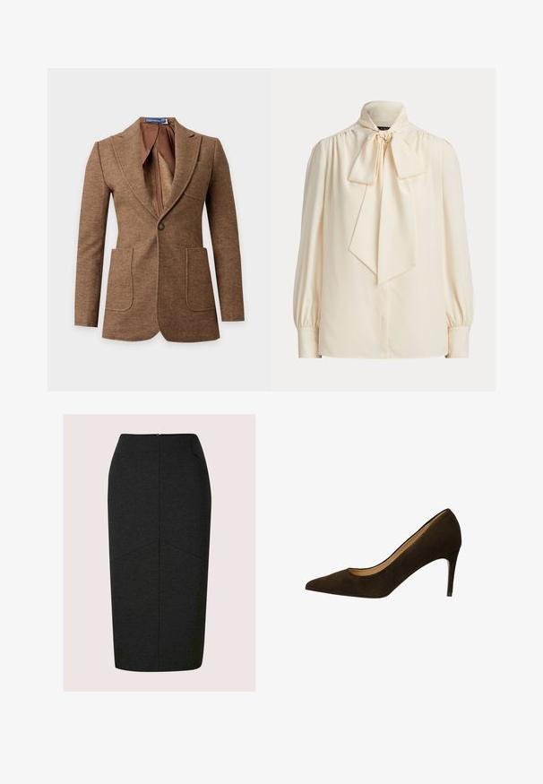 Blazer en laine marron à motif chevrons, col cranté, deux poches plaquées devant, fermeture par un bouton et une doublure intérieure marron lisse.; Blouse crème à manches longues avec un col montant et un grand nœud noué au cou, avec des épaules froncées et des manches à poignets.; Jupe crayon gris foncé à taille haute, coutures visibles formant un V près des hanches, avec des poches latérales, présentée à plat sur un fond clair.; Escarpin en daim marron foncé à bout pointu, talon aiguille fin de hauteur moyenne et ouverture basse à l'avant.