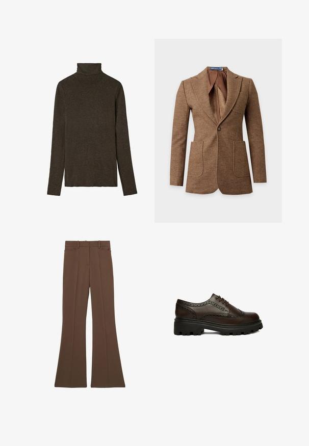 Brun uld blazer med sildebensmønster, med notch revers, to forlommer med lapper, lukning med en knap og en glat brun foring indvendigt.; Mørkebrunt turtleneck top lavet af blød, struktureret stof. Har lange ærmer og en tætsiddende pasform, med en glat halsudskæring.; Brune bukser med høj talje med bæltestropper, forlommer, en frontfold og brede, udvidede ben.; Mørkebrun læder brogue sko med perforerede detaljer og tyk sort rillesål, set fra siden på hvid baggrund.