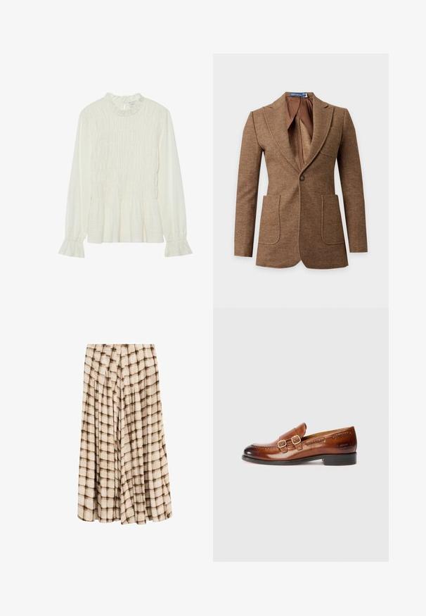 Brown herringbone wool blazer with notch lapels, two front patch pockets, one button closure, and a smooth brown inner lining.; White long-sleeve blouse featuring a ruffled neckline, smocked body, and flared cuffs, made from textured fabric with a peplum hem.; Beige midi skirt with brown checkered pattern and pleated fabric design.; Brown leather loafers with dual buckles, rounded toe, stitching details, and a low heel; polished finish with embossed branding on the side.
