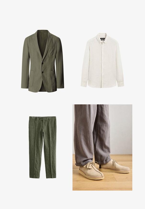 Blazer vert olive à simple boutonnage avec revers crantés, deux boutons, une poche poitrine et deux poches plaquées à l'avant, en tissu texturé.; Chemise en lin beige clair à manches longues avec col boutonné et boutons devant, présentée sur un fond blanc uni.; Next SIGNATURE - REGULAR FIT - Pantalon classique - olive green; Chaussures en suède beige à bout rond, avec des détails de lacets et des accents cousus, assorties à un pantalon en lin gris ample sur un sol en bois.