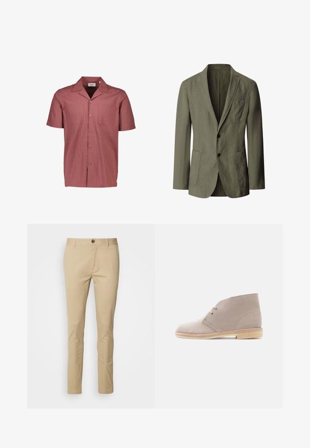 Blazer verde oliva de un solo botonadura con solapas con muescas, dos botones, bolsillo en el pecho y dos bolsillos frontales de parche, hecho de tela texturizada.; Camisa de manga corta, con cuello en color rojo rosa, de tejido texturizado con un ligero arrugado. Presenta dos bolsillos en el pecho y botones oscuros.; Chinos beige de corte slim, fabricados en algodón. Presentan un cierre de botón, trabillas para el cinturón y detalles de costura sutiles en los bolsillos.; Bota corta de ante beige con cordones de dos ojetes, suela de crepé y tacón bajo apilado, vista lateral sobre un fondo liso.