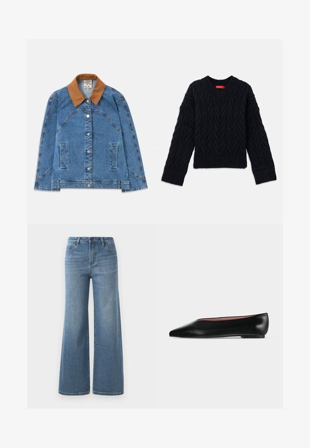 Denim jas met een bruine suède kraag, met zijzakken, een knoopsluiting en een licht losvallende pasvorm. Lichte blauwe denimstructuur.; Zwarte gebreide trui met een V-hals, voorzien van een kabelpatroon en geribbelde manchetten en zoom. Gemaakt van een getextureerd garen voor extra warmte.; Lichtblauwe wijde denim jeans met hoge taille, knoop- en ritssluiting en voorzakken.; Zwarte leren damesschoen met platte zool, puntige neus en lage hak, zijwaarts afgebeeld tegen een effen lichtgrijze achtergrond.