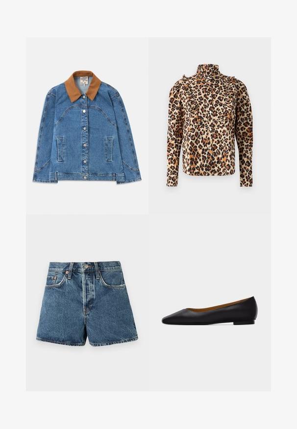 Denim jas met een bruine suède kraag, met zijzakken, een knoopsluiting en een licht losvallende pasvorm. Lichte blauwe denimstructuur.; Luipaardprint blouse in beige met ruches, hoge kraag en knoopsluiting. Lange mouwen met vergaderde schouders en zwarte accenten.; Denim shorts in medium blue met een hoge taille, vijf zakken, contrasterende stiksels en een metalen knoopsluiting. Textuurstof met een lichte vervaging.; Zwarte leren puntschoen met lage hak en gladde afwerking, zijaanzicht op een lichtgrijze achtergrond.