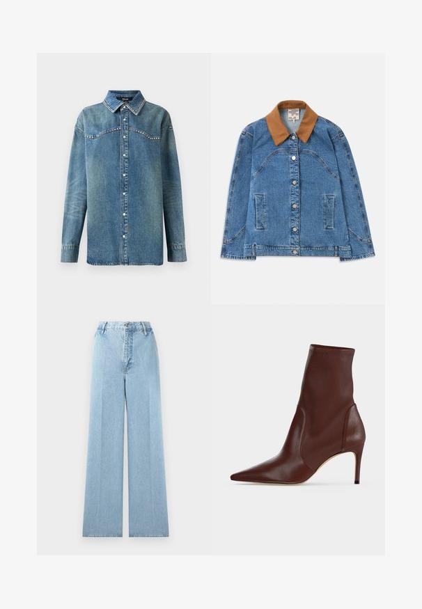 Denim jas met een bruine suède kraag, met zijzakken, een knoopsluiting en een licht losvallende pasvorm. Lichte blauwe denimstructuur.; Blauwe denim overhemd met lange mouwen, drukknoopsluiting, puntige kraag en strass-details langs de schouderpas en kraagranden.; Lichtblauwe wijde jeans gemaakt van denim met een hoge taille, voorzien van vijf riemlussen, een voorknopsluiting en gestikte naden.; Donkerbruine leren enkellaars met spitse neus en smalle hoge hak tegen een effen lichte achtergrond.