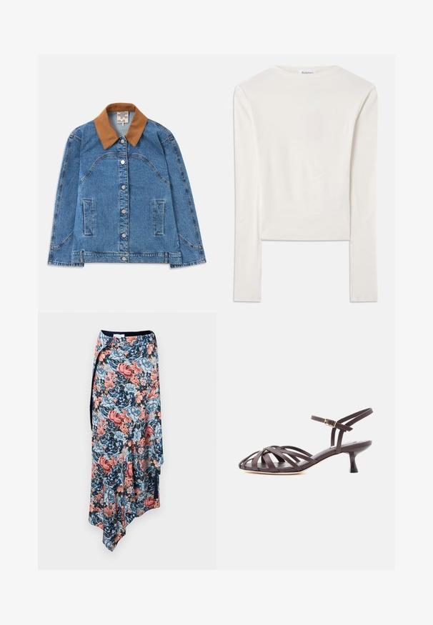 Veste en denim avec un col en daim brun, dotée de poches latérales, d'une fermeture à boutons et d'une coupe légèrement ample. Texture en denim bleu clair.; Haut à manches longues blanc en coton, dotée d'un col ras du cou simple et d'une coupe ajustée. Le tissu est lisse avec une légère élasticité.; Rabanne Jupe crayon - english tapestry/pink/blue/green; Sandale à talon kitten en cuir marron foncé avec lanières et bride de cheville réglable à boucle sur fond blanc.