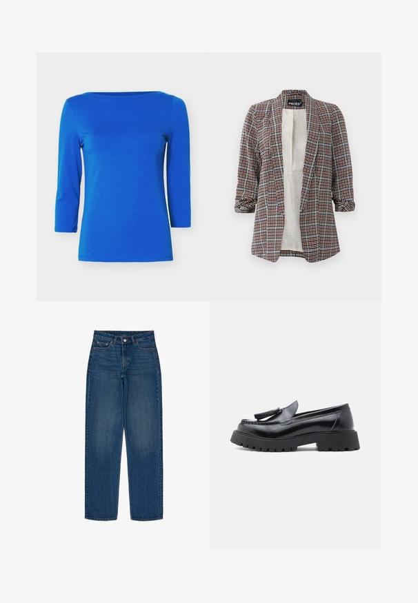 Gepatterde blazer met een mix van kleuren, waaronder marineblauw, rood en wit. Lichtgewicht stof, notch-lapels en opgerolde mouwen.; Vero Moda Longsleeve - surf the web; Donkerblauwe denim jeans met een rechte pasvorm, voorzien van een knoopsluiting, twee voorzakken en klassieke stikseldetails.; Zwarte leren loafers met een taps toelopend ontwerp, een kwastaccent en een dikke rubberen zool met een profiel voor grip.