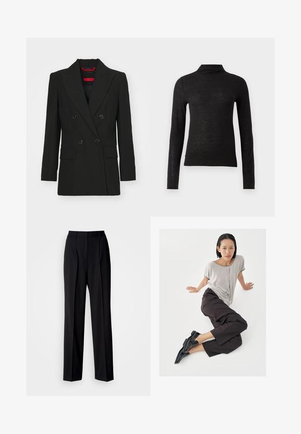Zwarte dubbelzijdige blazer met piekflappen, twee voorzakken en knoopsluitingen. Gladde textuur, getailleerde pasvorm, en rood merkembleem zichtbaar.; Zwarte lange mouwen turtleneck top gemaakt van een gestructureerd materiaal, met een slim fit en minimalistisch ontwerp zonder zichtbare patronen of hardware.; Zwarte, op maat gemaakte broek met een hoge taille, plooien en een wijde pijp. Gemaakt van gladde stof, met een vlakke voorkant en lussen voor een riem.; Lichtgrijze top met korte mouwen, donkere wijde broekspijpen en zwarte loafers. Soepele stof, ontspannen pasvorm en contrasterende bies op het shirt.