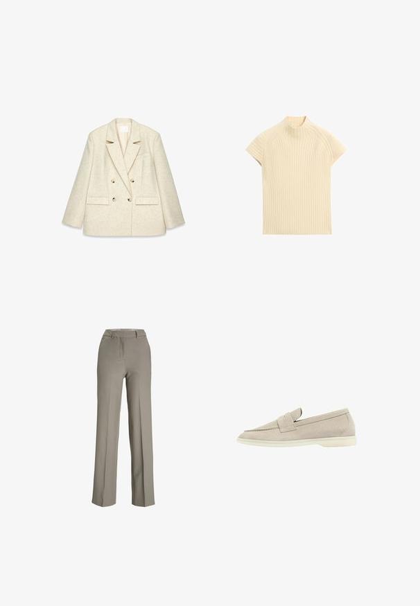 Beige, dobbeltradet blazer lavet af tekstureret stof, med skrå klaplapeller, to forlommer og knapper i guldfarve.; Kortærmet, cremefarvet ribstrikket top med falsk hals, lagt fladt på en hvid baggrund.; Lys grå, brede bukser lavet af et glat stof med en skræddersyet talje, frontfolder og sidelommer.; Lys beige suede loafers med en lav hvid sål, afrundet tå og en syet rem henover toppen.