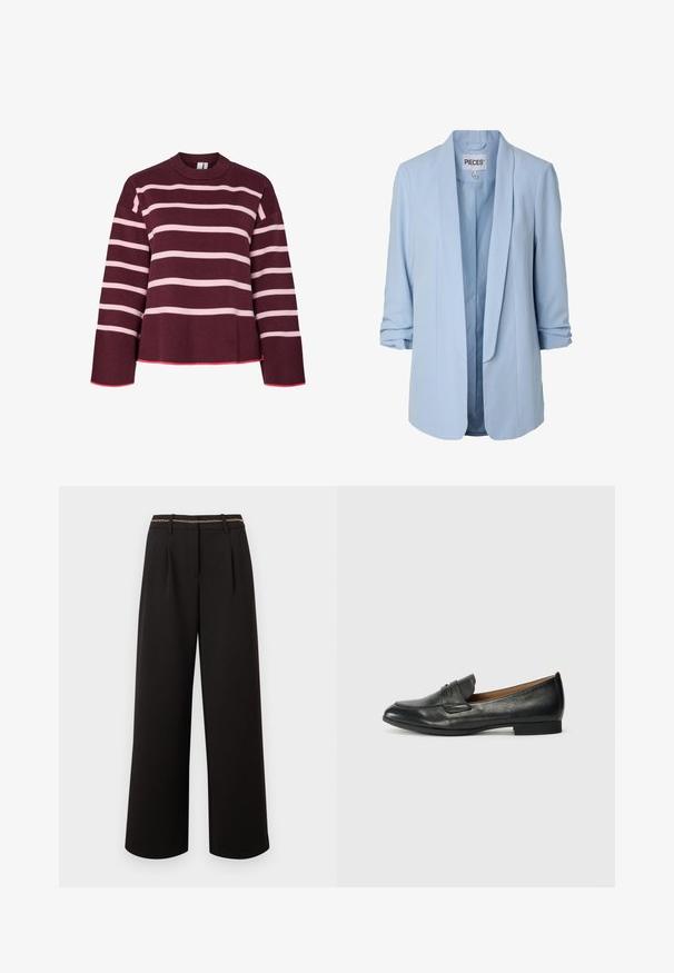 Lyseblå damesblazer med opkrogede ærmer og åben foran, med en glat krave og indvendig foring.; Maroonsweater med horisontale lyserøde striber. Rund halsudskæring, ribbede manchetter og kant. Har et cropped design med lyserøde detaljer.; Sorte bukser med brede ben, folder, bærestropper og et slankt guld kædebælte på en enkel lys baggrund.; Sort læderloafers med rund tå, lav hæl og syninger foran. Glat tekstur, minimalistisk design og slip-on stil.