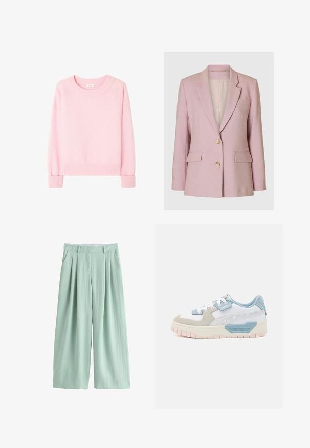 Selected BLAZER CLASSIC FIT - Blazer - bleached mauve; Roze gebreide trui met ronde hals, geribbelde manchetten en zoom. Zachte textuur, lange mouwen en een losse pasvorm.; Lichtgroene broek met wijde pijpen, voorplooien, riemlussen, zijzakken en een verborgen sluiting aan de voorkant.; Sneakers met een witte leren bovenkant, lichtblauwe accenten, beige suède panelen en een gestructureerde roze rubberen zool; geborduurd logo aan de zijkant.