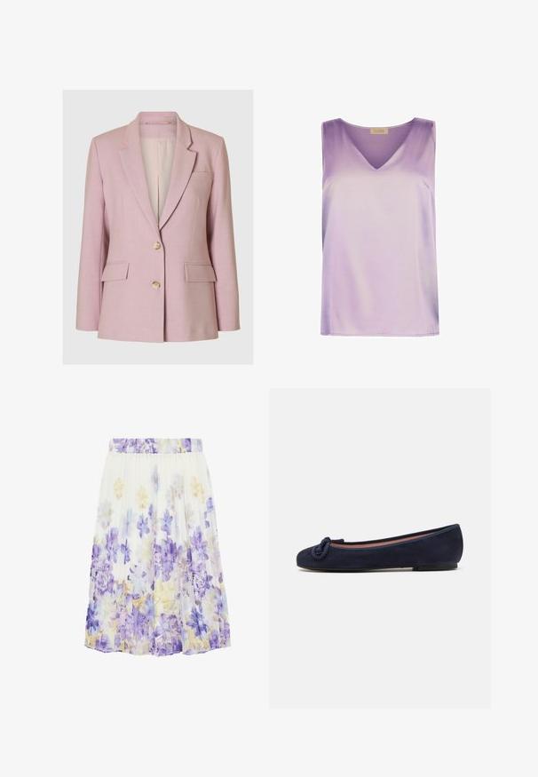 Selected BLAZER CLASSIC FIT - Blazer - bleached mauve; Ærmeløs lavendel satin top med V-halsudskæring og lige kant, fra Falconeri Beta-kollektionen.; Hvid plisseret nederdel med et blomsterprint i nuancer af lilla, blå og lys gul, med elastisk linning.; Mørkeblå ruskinds ballet flade med rund tå og knyttet detalje på tåen. Lav, fleksibel sål for komfort. Simpel og strømlinet design.
