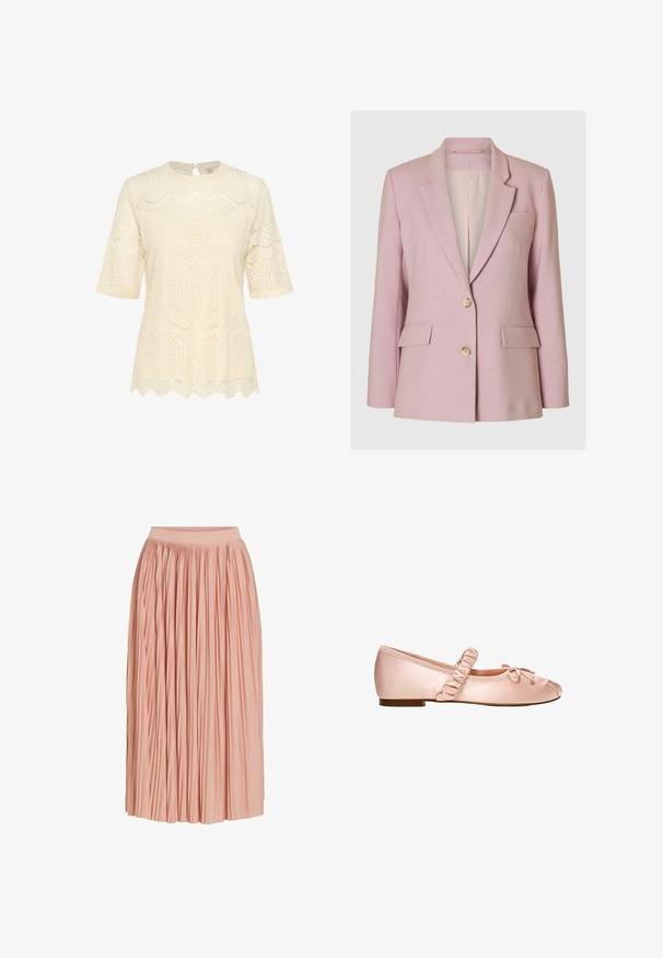 Selected BLAZER CLASSIC FIT - Blejzer - bleached mauve; Krémový čipkovaný top s krátkymi rukávmi, okrúhlym výstrihom a vlnitým lemom, s nádhernými textúrovanými vzormi po celom povrchu.; Svetloružová plisovaná midi sukňa so širokým pásom, vyrobená z ľahkej tkaniny, zobrazená na bielom pozadí.; Jedna bledoružová saténová balerína s nariaseným elastickým remienkom a malou dekoratívnou mašľou na bielom pozadí.