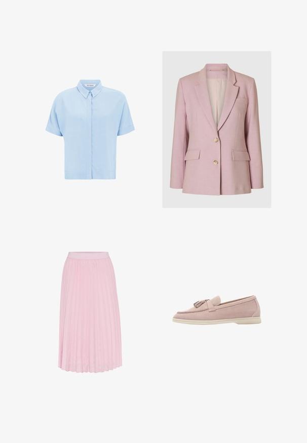 Selected BLAZER CLASSIC FIT - Blazer - bleached mauve; Camisa de manga corta azul claro hecha de una tela suave, con un cierre de botones en la parte delantera y un cuello clásico. Textura lisa y corte relajado.; Falda midi plisada en rosa claro, con una amplia cinturilla elástica y una textura suave. Los plisados se extienden desde la cintura hasta el dobladillo.; Zapato de ante rosa claro tipo deslizante con puntera redondeada y acento de borlas. Presenta una textura suave y una suela de goma beige.