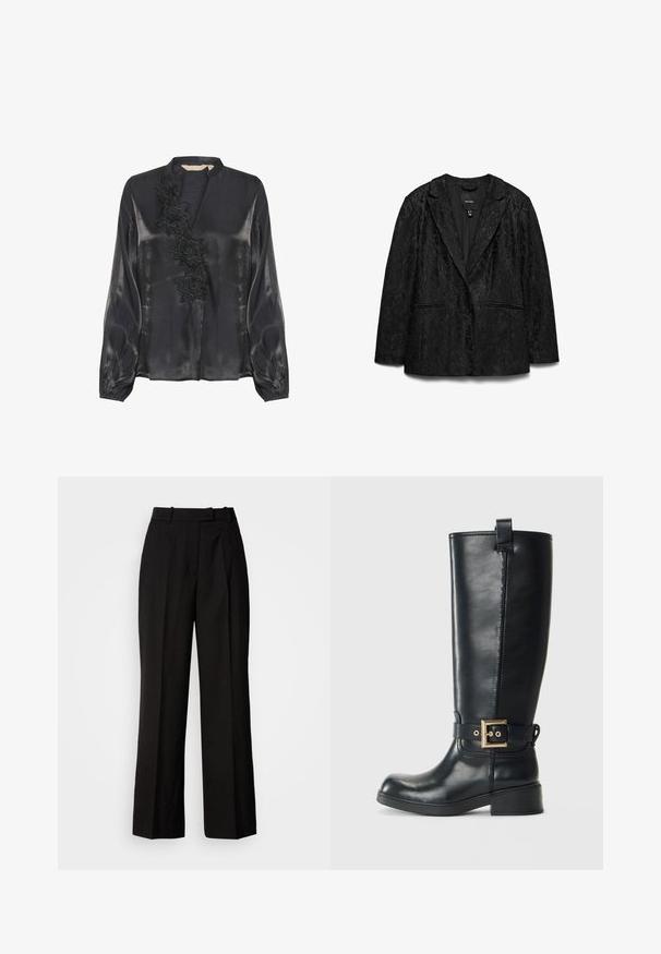 Schwarzer Spitzenblazer mit einer Zwei-Knopf-Front, Reverskragen und zwei Vordertaschen, aus strukturiertem Stoff und glattem Innenfutter.; Culture CUFIOLA - Bluse - black; Schwarze weite Hosen mit hohem Bund, die ein dezentes gesprenkeltes Muster, einen Vorderfalten und eine glatte Stoffqualität aufweisen.; Schwarze knöchelhohe Lederstiefel mit niedrigem Blockabsatz, dekorativem goldenen Schnallenriemen um den Knöchel und einer Zuglasche an der Oberseite.