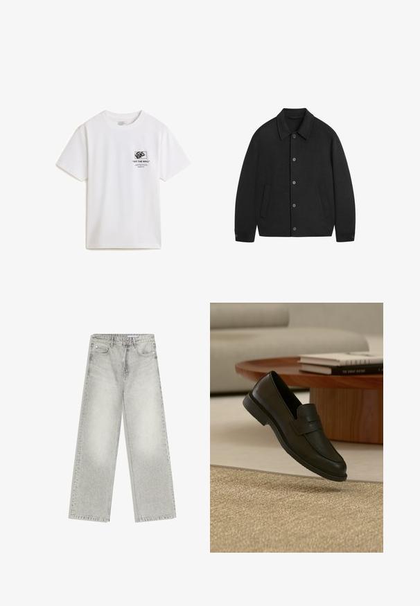 Zwarte jas van een wollen mix met een kraag, knopen aan de voorkant, twee zijzakken en knoopmanchetten. Soepele textuur en een klassieke pasvorm.; Witte katoenen T-shirt met korte mouwen, voorzien van een zwarte grafische print aan de linkerkant met het Vans-logo en tekstdetails.; Lichtgrijze, wijduitlopende spijkerbroek met een verweerde afwerking. Voorzien van vijf zakken en riemlussen. Gemaakt van stevig, textuurrijk katoen.; Zwarte leren loafer schoen getoond in de lucht boven een beige geweven tapijt, met een houten tafel en gestapelde boeken in een zacht verlichte woonkamer.