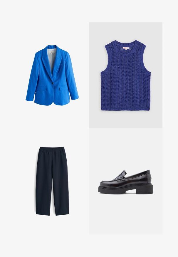 Felle blauwe blazer met één knoop, met revers met inkeping en twee klepzakken aan de voorkant, gemaakt van linnen stof.; Gebreid mouwloos topje in felpaars, met een gemêleerd patroon, een ronde halslijn en ribgebreide randen.; Navy blauwe broek van gladde stof, met een elastische tailleband, twee zijzakken en een relaxte pasvorm met rechte pijpen.; Zwarte gepatineerde leren instappers met een brede vierkante neus, verhoogde zool en minimale stiksels op de bovenkant. Platte, stevige rubberen buitenzool.