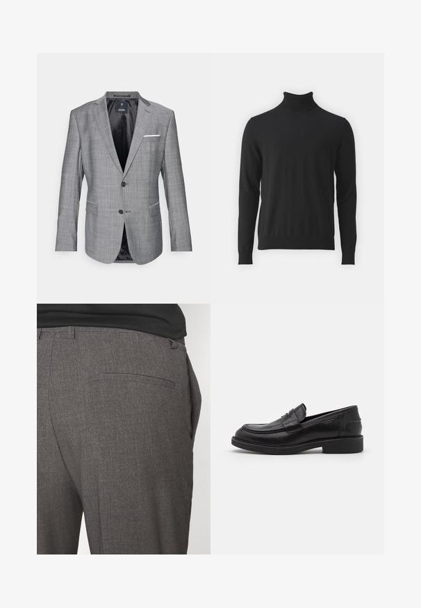 Blazer gris con un acabado texturizado, cierre de un botón y dos bolsillos delanteros. Presenta un acento de pañuelo blanco en el bolsillo y forro negro.; Suéter negro de cuello alto hecho de una tela suave, con mangas largas y un cuello acanalado, con una textura lisa y un diseño ajustado.; Pantalones grises ajustados con una textura suave, que cuentan con un bolsillo trasero y un diseño slim fit. La tela tiene un patrón sutil.; Mocasines de cuero negro con puntera redondeada, costuras tonales y un detalle de tira en la parte frontal. Suela de goma con un tacón bajo.