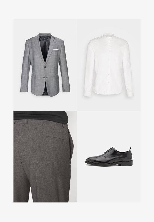 Grå blazer med en tekstureret overflade, enkelt knaplukning og to frontlommer. Har et hvidt lommetørklæde som accent og sort foret.; Hvid, langærmet skjorte med kinesisk krave og frontlukning. Lavet af bomuld, med en glat tekstur og knaplukninger.; Grå skræddersyede bukser med en glat tekstur, udstyret med en enkelt baglomme og et slim fit design. Stoffet har et subtilt mønster.; Sorte lædersko med en glat overflade, rund tå og snørebåndsdesign. Har en lavprofil sort gummisål og en lille hæl.