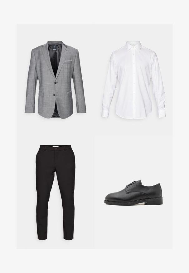 Grå blazer med en tekstureret overflade, enkelt knaplukning og to frontlommer. Har et hvidt lommetørklæde som accent og sort foret.; Hvid langærmet skjorte med knaplukning, klassisk krave, glat stof og frontplacket med lette, rundede knapper.; Sorte skræddersyede bukser med slim fit. Har lynlås, knaplukning, sidelommer og et glat, let stof.; Sort læder oxford sko med en rund tå, der har en glat overflade, fem huller til snørebånd og en lav stablet hæl.