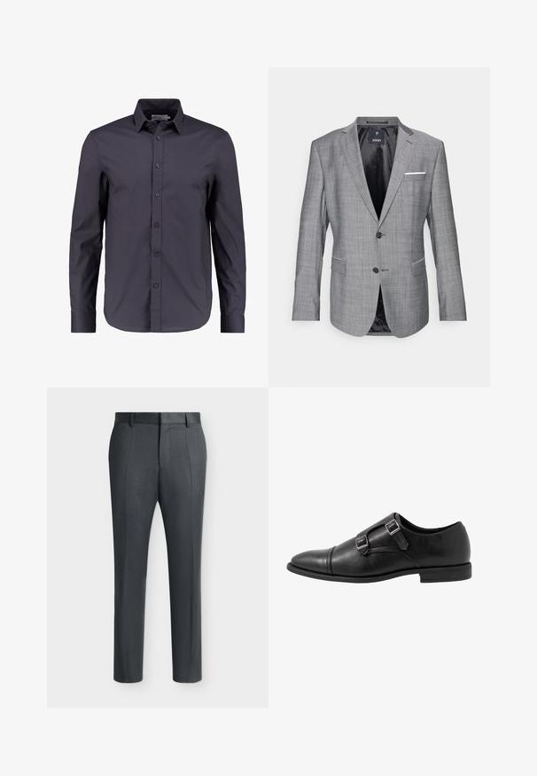 Grå blazer med en tekstureret overflade, enkelt knaplukning og to frontlommer. Har et hvidt lommetørklæde som accent og sort foret.; Mørk navy blå langærmet skjorte lavet af glat bomuld, med knaplukning fortil, klassisk krave og en skræddersyet pasform.; Mørkegrå formelle bukser med bæltestropper og pressekiler, vist på en ensfarvet lys baggrund.; Sorte læder monk strap sko med to sølvspænder, toe cap design, rund tå og lavprofil gummisål. Glat tekstur, elegant silhuet.