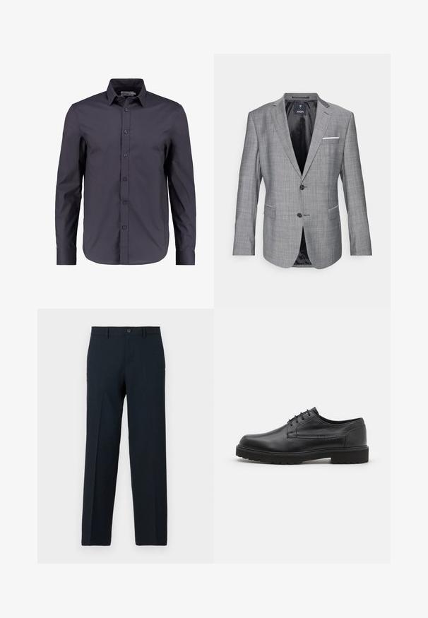 Grå blazer med en tekstureret overflade, enkelt knaplukning og to frontlommer. Har et hvidt lommetørklæde som accent og sort foret.; Mørk navy blå langærmet skjorte lavet af glat bomuld, med knaplukning fortil, klassisk krave og en skræddersyet pasform.; Sorte slim-fit bukser med knap- og lynlåslukning, bæltestropper og lige ben.; Sorte lædersko med rund tå, glat finish og minimal syning. Har snørebåndslukning og en kraftig, struktureret gummisål.