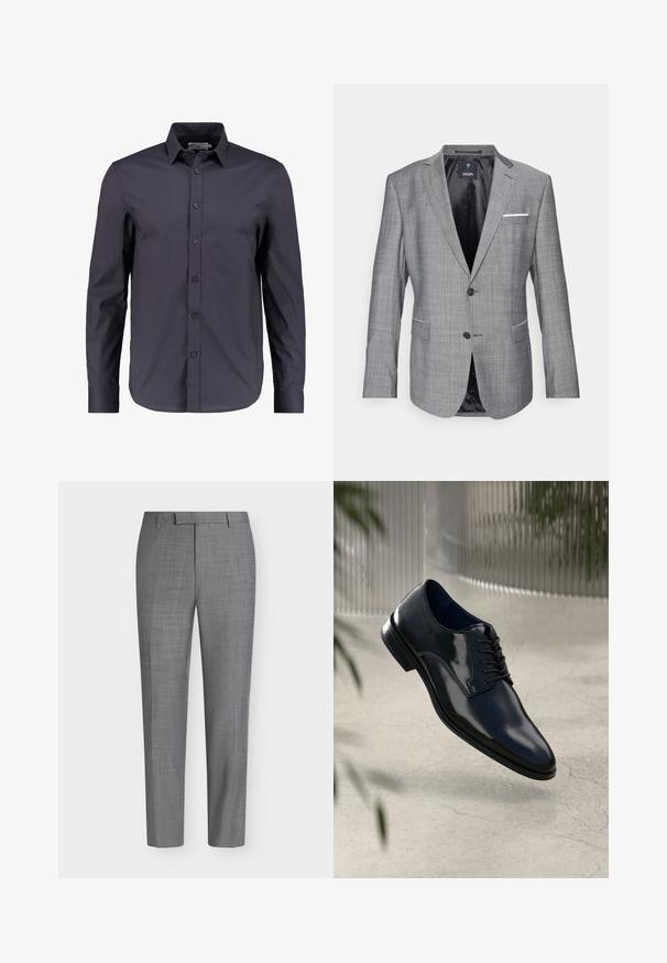 Grå blazer med en tekstureret overflade, enkelt knaplukning og to frontlommer. Har et hvidt lommetørklæde som accent og sort foret.; Mørk navy blå langærmet skjorte lavet af glat bomuld, med knaplukning fortil, klassisk krave og en skræddersyet pasform.; Grå, slanke bukser med et subtilt ternet mønster, bæltestropper og en flad front på en ensfarvet hvid baggrund.; Mørkeblå lædersko med poleret overflade, snøredesign, let buet tå og en glat tekstur.