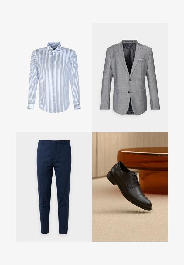 Grauer Blazer mit strukturierter Oberfläche, einreihigem Knopfverschluss und zwei Fronttaschen. Mit einem weißen Pocket Square Akzent und schwarzer Innenausstattung.; Herren Langarmhemd, hellblau mit weißen Streifen, knöpfbarer Frontverschluss, klassischer Kragen, Baumwollstoff, glatte Textur, abgerundeter Saum.; Marineblaue, schlanke Herrenanzughosen mit Gürtelschlaufen und Bügelfalten vor einem weißen Hintergrund.; Schwarzer, formeller Oxford-Lederschuh mit Schnürsenkeln, der über einem beigen Teppich schwebt, mit einem runden braunen Tisch im Hintergrund.