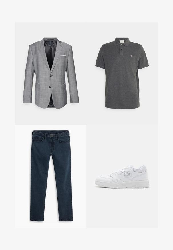Grå blazer med en tekstureret overflade, enkelt knaplukning og to frontlommer. Har et hvidt lommetørklæde som accent og sort foret.; Grå polo t-shirt lavet af blød bomuld, med en tre-knaps placket, korte ærmer og et lille broderet logo på brystet.; Mørk denimjeans med lige ben, fem-lomme-design, lukning med metalknap og en ren, ubemærket finish.; Hvide atletiske sneakers med en glat læderoverdel, mesh-detaljer, snørebåndslukning og en tekstureret gummisål. Lacoste-logo på siden.