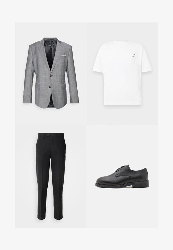 Grauer Blazer mit strukturierter Oberfläche, einreihigem Knopfverschluss und zwei Fronttaschen. Mit einem weißen Pocket Square Akzent und schwarzer Innenausstattung.; Weißes Baumwoll-T-Shirt mit lässiger Passform, kurzen Ärmeln und V-Ausschnitt. Verfügt über zwei kleine schwarze gedruckte Logos auf der linken Seite.; Lindbergh Stoffhose - black melange; Schwarze Leder-Oxfordschuhe mit runder Zehenform, glatter Oberfläche, fünf Ösen für die Schnürung und niedrigem, gestapeltem Absatz.