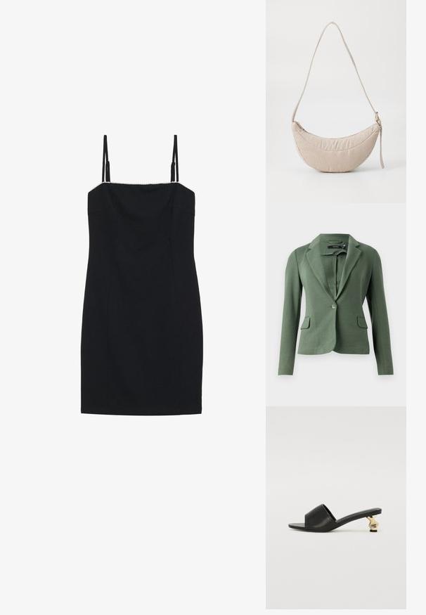 Grüne Blazer mit Reverskragen, Ein-Knopf-Verschluss, zwei Fronttaschen und langen Ärmeln. Hergestellt aus strukturiertem Stoff.; Schwarzes Mini-Kleid mit dünnen Trägern und geradem Ausschnitt. Es hat eine taillierte Silhouette und einen strukturierten Saum entlang des Ausschnitts.; Schwarze Leder-Sandalen mit offener Zehe und einem geschwungenen, goldfarbenen Akzent-Absatz. Flache Sohle mit minimalistischem Design und glatter Textur.; Cremefarbene, gerippte Stofftasche mit geschwungener Form, einem Reißverschluss und einem dünnen, verstellbaren Tragegurt. Weiche Textur und minimalistisches Design.