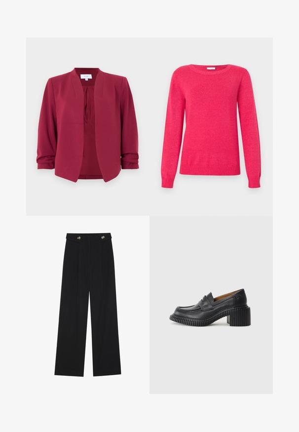 Bordeauxrode, lichtgewicht blazer van gladde stof, met een mandarin kraag, open voorkant en 3/4 mouwen met opgerolde manchetten.; Fuchsia trui met een ronde hals, lange mouwen en geribbelde boorden aan de mouwen en zoom. Gemaakt van zacht gebreid materiaal met een gladde textuur.; Zwarte wijde broek met hoge taille, knoopdetails op de tailleband en plooien aan de voorkant.; Zwarte leren instappers met een dikke, geribbelde rubberen hak. Voorzien van een ronde neus en een horizontale band over de wreef. Textuurondergrond.