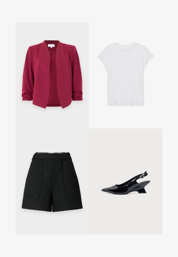 Bordeauxrød, let blazer lavet af glat stof, med mandarinkrave, åben front og 3/4-lange ærmer med opknebede manchetter.; Hvid kortærmet t-shirt med rund hals, afslappet pasform, lavet af blødt bomuldsstof. Glat tekstur, ingen mønstre eller logoer.; Sorte shorts lavet af tekstureret stof med en frynset kant, der har to forlommer og en skræddersyet pasform.; Sort laklæder slingback sko med spids tå og lav vinklet blokhæl på ensartet lys baggrund.