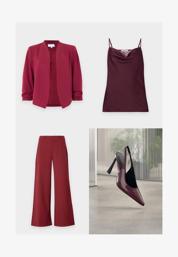 Burgunderfarbener, leichter Blazer aus glattem Stoff mit Stehkragen, offenem Vorderteil und 3/4-langen Ärmeln mit aufrollbaren Manschetten.; Ärmelloses, tief bordeauxfarbenes Satin-Camisole-Top mit dünnen, verstellbaren Trägern und Spitzenakzenten entlang des Wasserfallausschnitts.; Weite Hosen in einem tiefen Burgunderfarbton. Hergestellt aus einem glatten, dehnbaren Stoff mit taillierten Nähten und einem Reißverschluss auf der Vorderseite.; Glänzender dunkelroter Slingback mit hohem Absatz, spitzer Zehenform und schwarzer Innenfütterung, schwebt über einem glatten Betonboden im Innenraum.