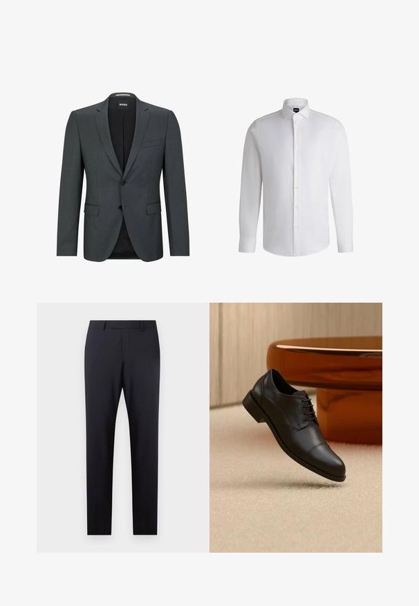 BOSS H-REYMOND-B1 - Sako - dark grey one; Biela košeľa s dlhým rukávom vyrobená z hladkého bavlneného materiálu, s klasickým golierom, plným gombíkovým zapínaním a gombíkovými manžetami. Minimalistický dizajn.; Tmavomodré priliehajúce nohavice so plochým predným dielom, úzkym strihom, bočnými vreckami a hladkou textúrou; bez viditeľných vzorov alebo ozdôb.; Čierna formálna oxfordská kožená topánka so šnúrkami, zobrazujúca sa vznášajúca sa nad béžovým kobercom, v pozadí s okrúhlym hnedým stolom.