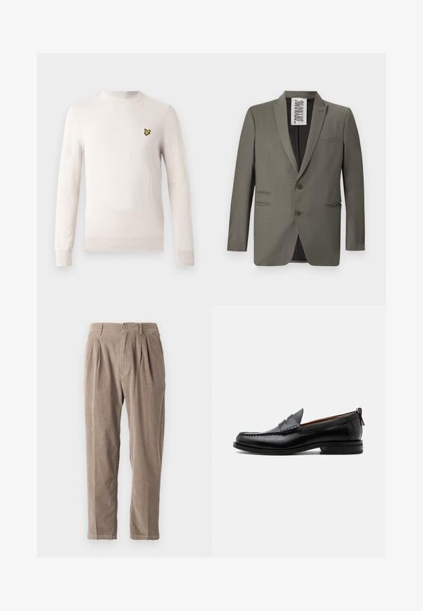 Grijze blazer met een getailleerde pasvorm, twee knopen, notch-revers en zijzakken; gladde textuur met een subtiele glans.; Lichtbeige trui met lange mouwen, ronde hals en geribde zoom. Voorzien van een klein zwart-geel geborduurd logo op de borst.; Beige corduroy broeken met een relaxed fit, voorzien van plooien, een knoopsluiting en zijzakken, een gestructureerd oppervlak en een taps toelopend ontwerp.; Zwarte leren herensloffen met moc toe stiksel, pennyriem, gestructureerde kraag en lage gestapelde hak op witte achtergrond.