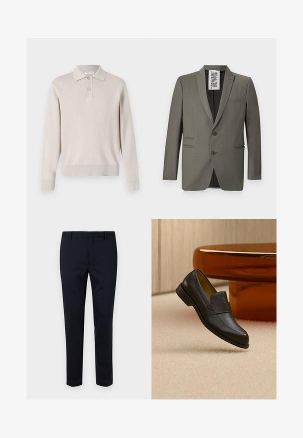 Grau blazer mit einer taillierten Passform, zwei Knöpfen, Reverskragen und seitlichen Taschen; glatte Textur mit einem dezenten Glanz.; Helles beiges Langarm-Polohemd aus weichem Material. Mit Kragen, Dreiknopf-Leiste sowie gerippten Bündchen und Saum.; Dunkelnavy maßgeschneiderte Hose aus glattem Stoff, mit flachem Front, Gürtelschlaufen und schlanker Passform. Keine sichtbaren Muster oder Akzente.; Schwarzer Leder-Loafer mit niedrigem Absatz, der über einem beigen Teppichboden nahe einem runden braunen Tisch schwebt.