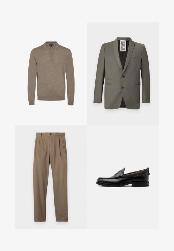 Grå blazer med skræddersyet pasform, to knapper, stiklapeller og sidelommer; glat tekstur med en subtil glans.; Lysebrunt pullover med lynlåskrave, lange ærmer og en blød struktur, lavet af fint strikket materiale.; Brune plisserede bukser lavet af blødt stof, med lynlås og knaplukning foran, lige ben-design og glat overflade.; Sort læder herre loafer med moc-tå syning, penny strop, struktureret krave og lav stablet hæl på hvid baggrund.