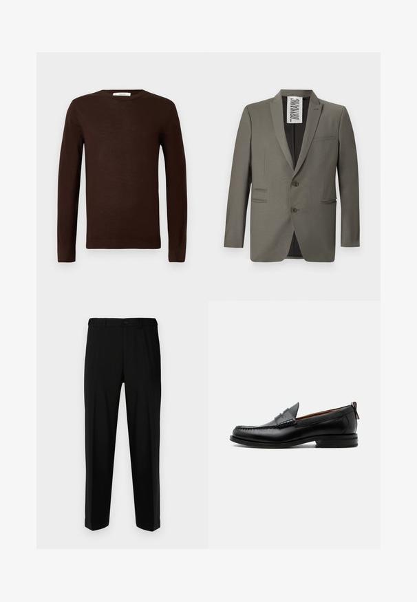 Blazer gris avec une coupe ajustée, deux boutons, revers crantés et poches latérales ; texture lisse avec un léger éclat.; Pull à col rond à manches longues de couleur brun foncé avec des poignets et un ourlet côtelés, présenté sur un fond blanc uni.; Pantalon noir en tissu lisse, présentant une coupe droite, deux poches avant et une fermeture à glissière avec bouton.; Mocassin homme en cuir noir avec couture moc toe, bride penny, col texturé et petit talon empilé sur fond blanc.