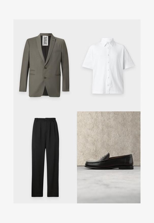 Grå blazer med skræddersyet pasform, to knapper, stiklapeller og sidelommer; glat tekstur med en subtil glans.; Hvid kortærmet skjorte med knapper lavet af tekstureret stof, med en klassisk krave og et linjemønster. Seks knapper langs forsiden.; Sorte bukser med et struktureret mønster, der har en bred talje med en knap og forkærninger foran for en skræddersyet pasform. Lige ben-design.; Sort læder penny loafer med lav hæl, rundet tå og syningsdetaljer langs fronten og siderne, vist på neutral baggrund.