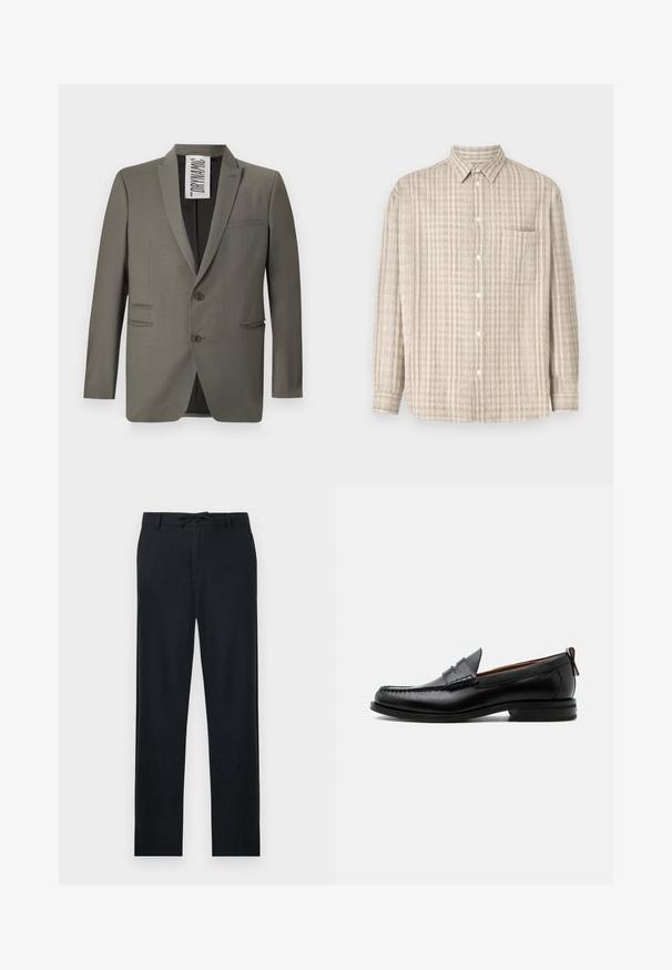 Blazer gris con un corte entallado, dos botones, solapas de muesca y bolsillos laterales; textura suave con un brillo sutil.; Camisa de botones en beige claro, con un patrón de cuadros, mangas largas, un bolsillo en el pecho y un diseño de cuello regular.; Pantalones negros de material ligero, con corte recto, cintura ajustable con cordón y dos bolsillos laterales.; Mocasín de hombre de piel negra con costura moc toe, tira penny, cuello texturizado y tacón bajo apilado sobre fondo blanco.