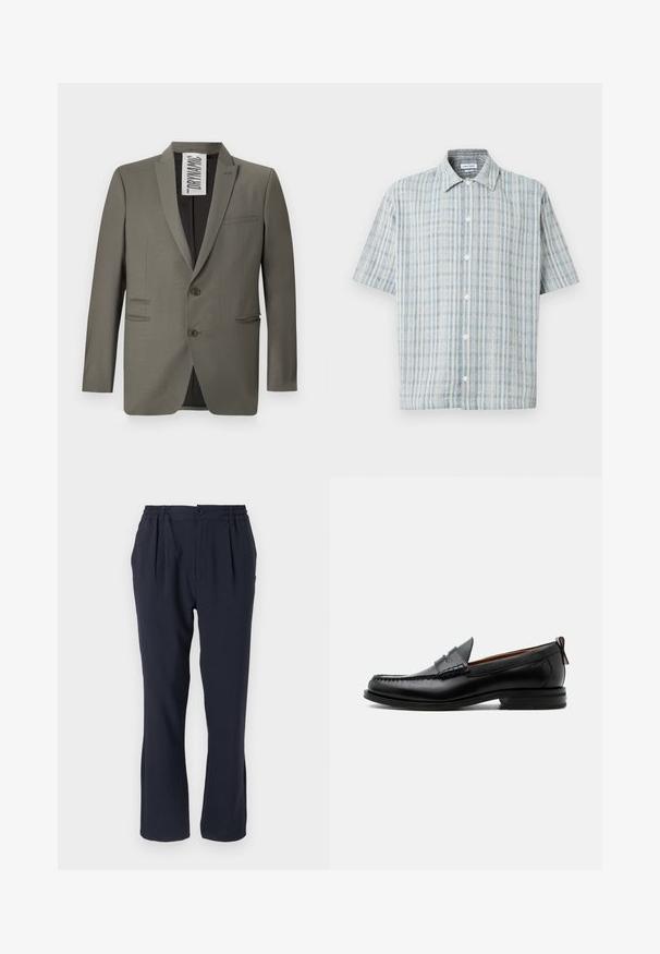 Grau blazer mit einer taillierten Passform, zwei Knöpfen, Reverskragen und seitlichen Taschen; glatte Textur mit einem dezenten Glanz.; Kurzärmliges Hemd mit Knöpfen, blau-weiß kariertes Muster, Umschlagkragen und weißen Knöpfen vorne.; Himmelblaues Hosen aus weichem Stoff mit einem elastischen Bund, ausgestattet mit vorderen Falten und einem geraden Bein-Design.; Schwarzer Leder-Herrenschuh mit Mokassinnaht, Penny-Riemen, strukturiertem Kragen und niedrigem gestapeltem Absatz auf weißem Hintergrund.