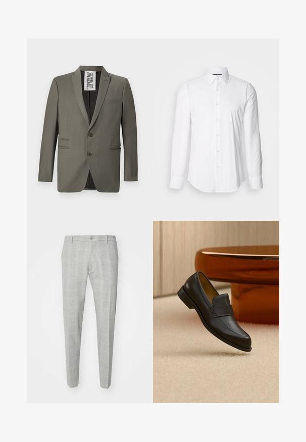 Grå blazer med skræddersyet pasform, to knapper, stiklapeller og sidelommer; glat tekstur med en subtil glans.; Hvid langærmet skjorte lavet af glat stof, med klassisk krave og knap-front design samt en buet kant. Knapperne er diskret blanke.; Gråternede bukser med en skræddersyet pasform, der har flad front, en enkelt knaplukning og bæltestropper. Fremstillet af et glat stof.; Sort læder loafers med lav hæl svævende over beige tæppe ved rundt brunt bord.