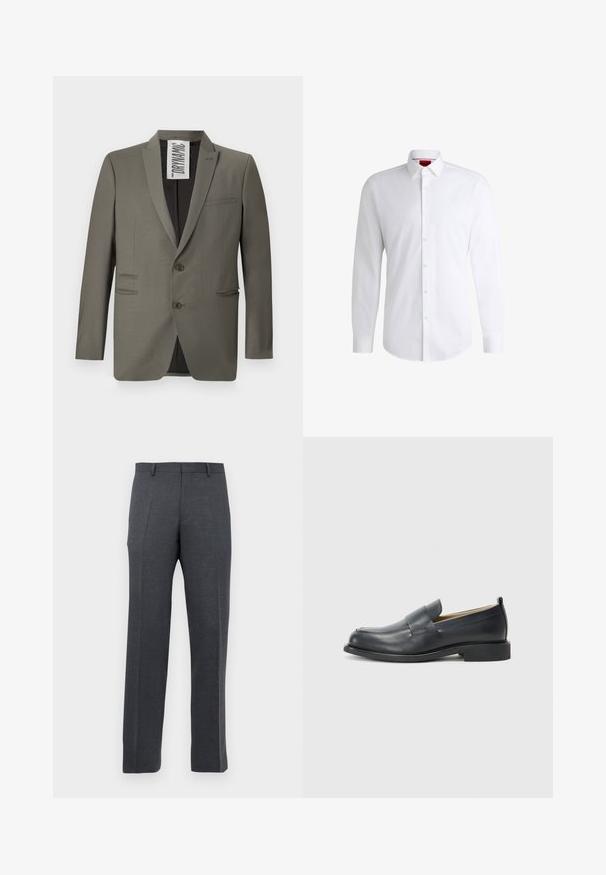 Blazer gris avec une coupe ajustée, deux boutons, revers crantés et poches latérales ; texture lisse avec un léger éclat.; Chemise blanche à manches longues en tissu lisse avec un col classique et un ourlet arrondi. Présente des boutons beiges à l'avant.; Pantalons habillés sur mesure gris foncé pour hommes avec passants de ceinture et plis à l'avant, affichés sur un fond blanc.; Mocassins en cuir noir avec une finition lisse, une semelle plate et un bout arrondi, ornés d'une sangle décorative sur le dessus.