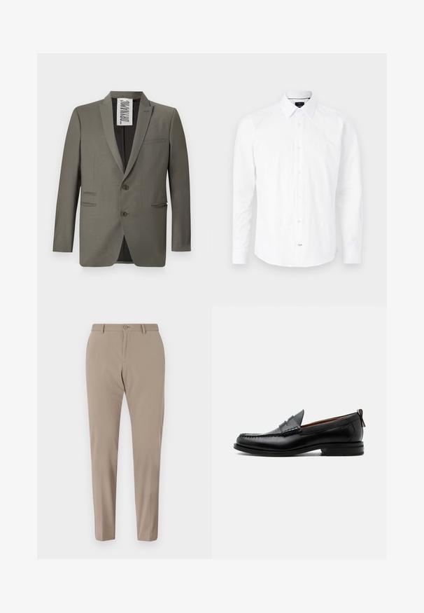 Grau blazer mit einer taillierten Passform, zwei Knöpfen, Reverskragen und seitlichen Taschen; glatte Textur mit einem dezenten Glanz.; Weißes Langarmhemd aus Baumwolle. Verfügt über einen Button-Down-Kragen, eine Vorderknopfleiste mit rosa Knöpfen und einen abgerundeten Saum.; Beige maßgeschneiderte Hose mit glatter Textur, slim Fit und vorderen Knopfverschluss. Keine sichtbaren Muster oder Verzierungen.; Schwarzer Leder-Herrenschuh mit Mokassinnaht, Penny-Riemen, strukturiertem Kragen und niedrigem gestapeltem Absatz auf weißem Hintergrund.