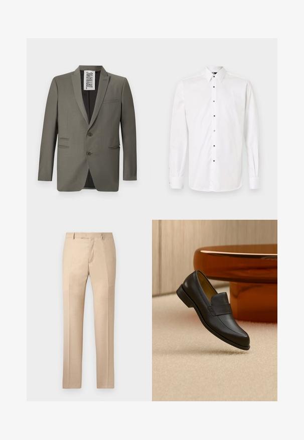 Grijze blazer met een getailleerde pasvorm, twee knopen, notch-revers en zijzakken; gladde textuur met een subtiele glans.; Witte overhemd met lange mouwen en knopen aan de voorkant, voorzien van een klassieke kraag, kleine vierkante knopen en manchetten met knoopsluitingen.; Beige op maat gemaakte broek met een gladde textuur, een rechte voorkant en rechte pijpen. Voorzien van riemlussen en een verborgen ritssluiting.; Zwarte leren loafer met lage hak zwevend boven een beige tapijt dichtbij een ronde bruine tafel.